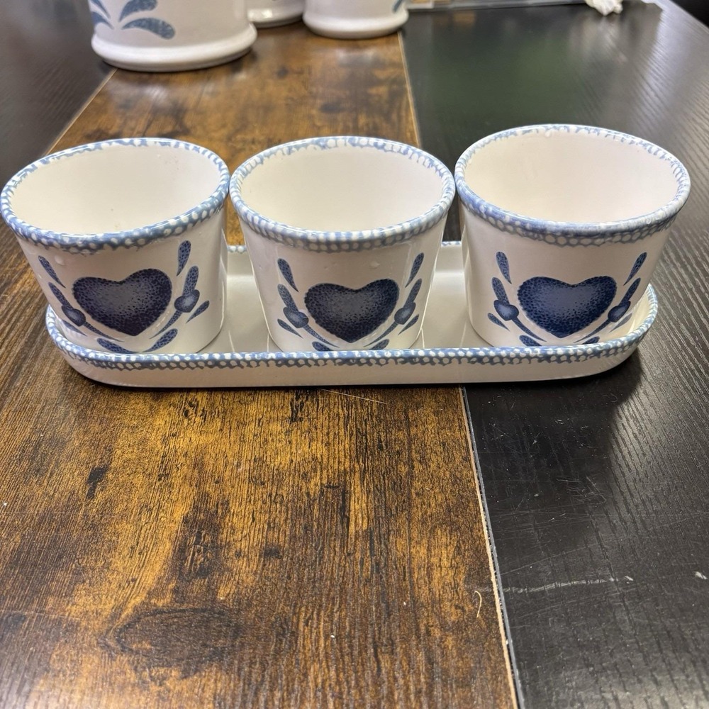 Vintage Blue Heart Stoneware Condiment Set 3 Crocks with Tray Country Decor